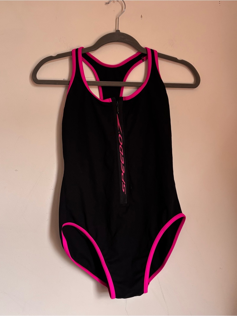 Speedo Black One-Piece Swimsuit with Pink Trim and Front Zip